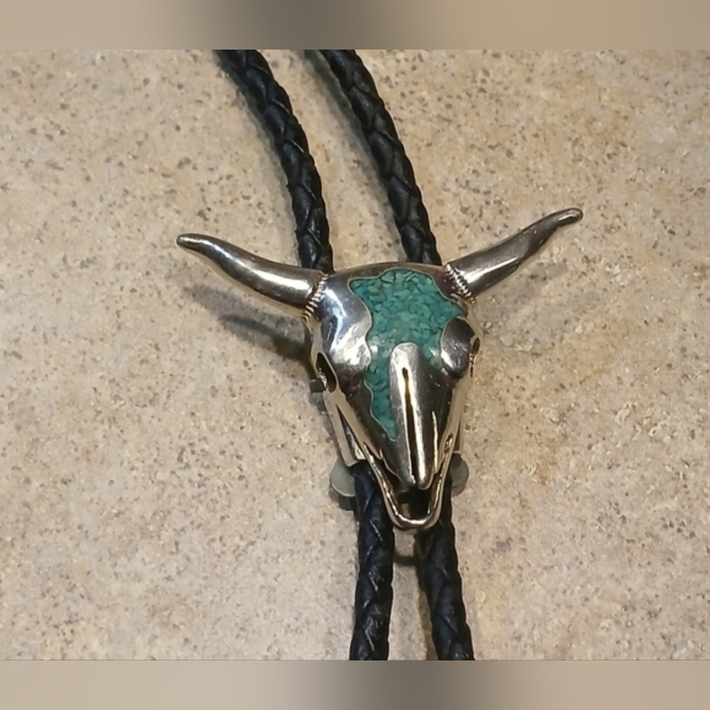 Silver Bull Skull Boho Tie | Turquoise Inlay